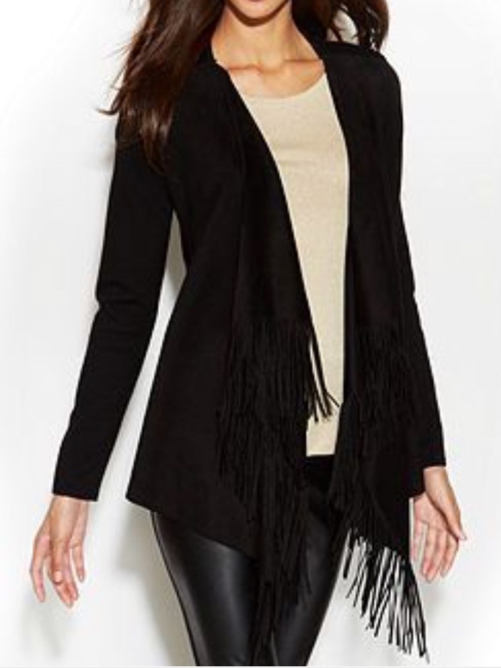 INC INTERNATIONAL CONCEPTS BLACK FRINGE WATERFALL CARDIGAN, SIZE SMALL